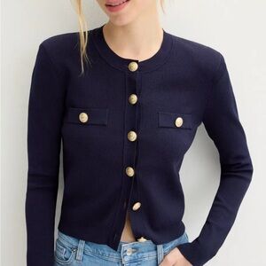 NWT L'AGENCE Toulouse Cropped Crew Neck Deep Blue Cardigan with Gold Accents